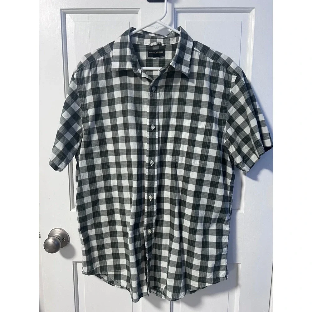 Banana Republic Mens Large Black White Plaid Short Sleeve